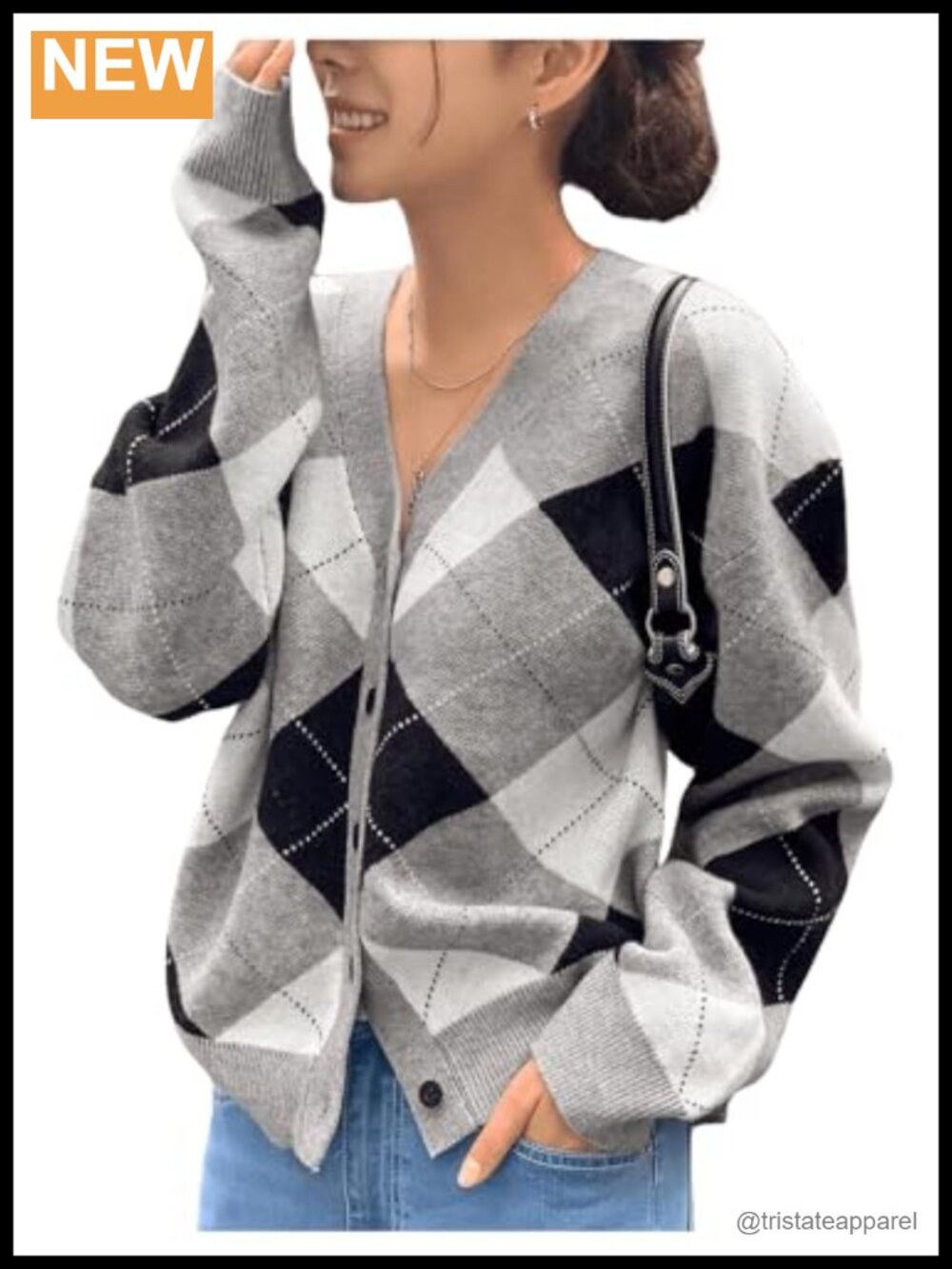 Argyle Plaid V-Neck Long Sleeve Cardigan Sweater with Button Front
